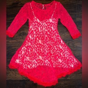 Free People Anthropologie Red Floral Mesh Lace Overlay Dress size Large L